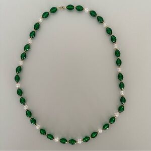 Anthropologie Vintage Beaded Necklace in Emerald Green, Gold, and Frosted Clear